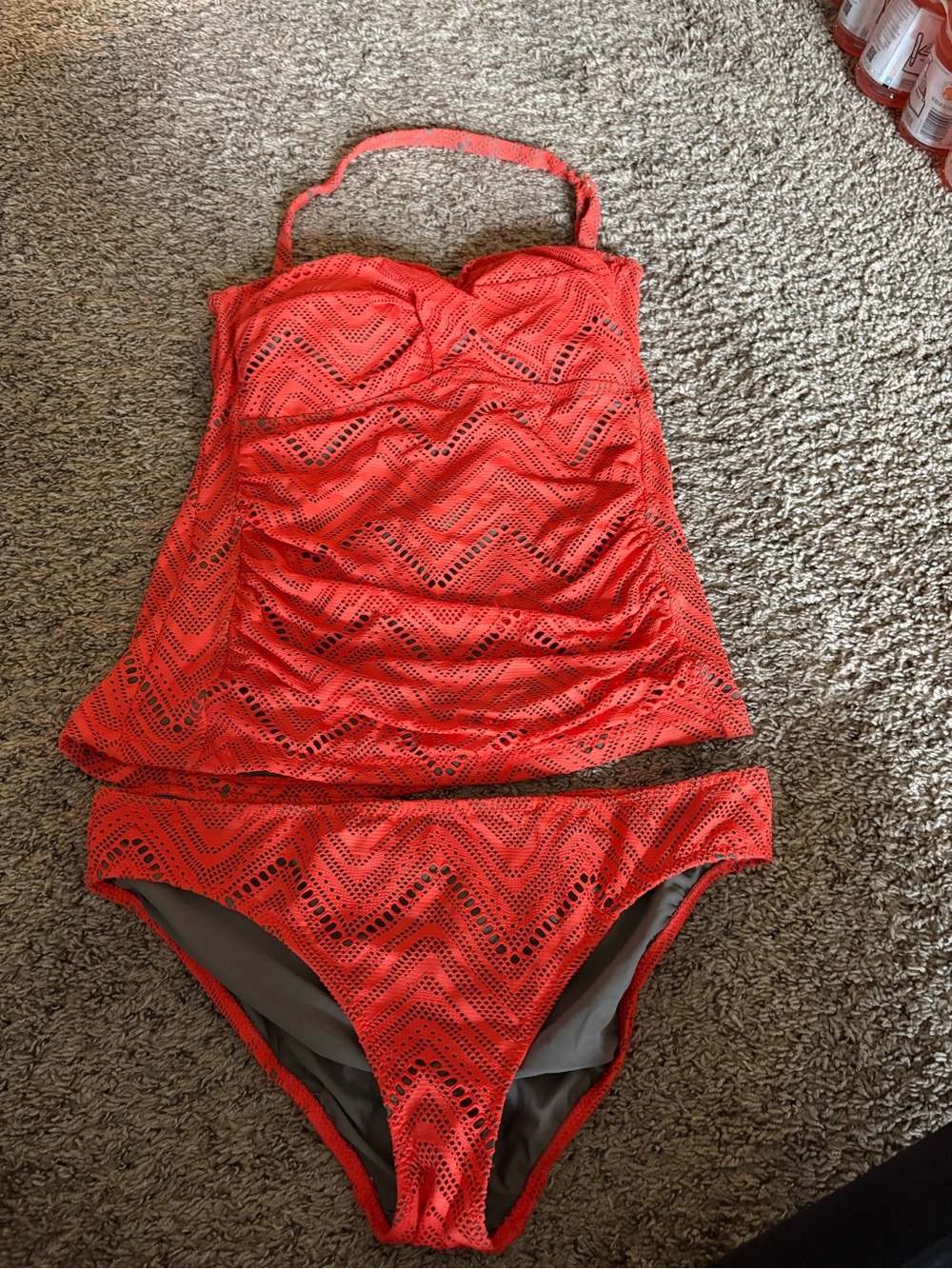 Ruched Coral Crochet Tankini with Matching Bikini Bottoms